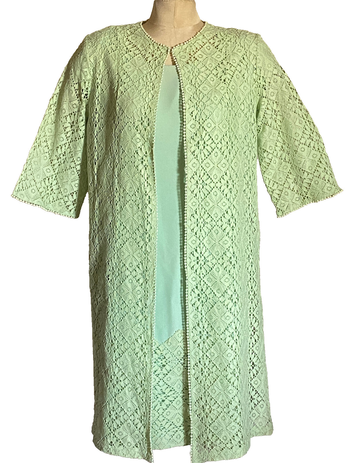 RENMOR Vtg Designer 2pc Sheath Dress & Coat Set Crepe & Lace Cocktail Green M px