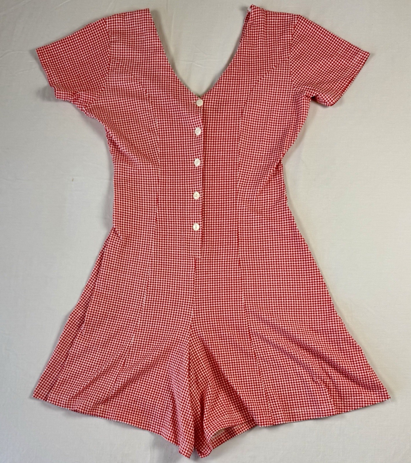 Vintage 90s Red Gingham Romper Playsuit Cottagecore V Neck Button Flared Medium