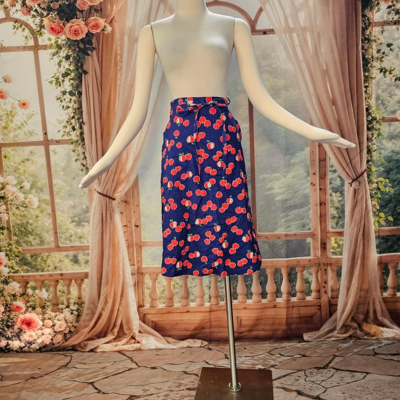 Vintage 1970s Wrap Skirt Navy Blue Red Apple Print Tie Closure Magic Union Label