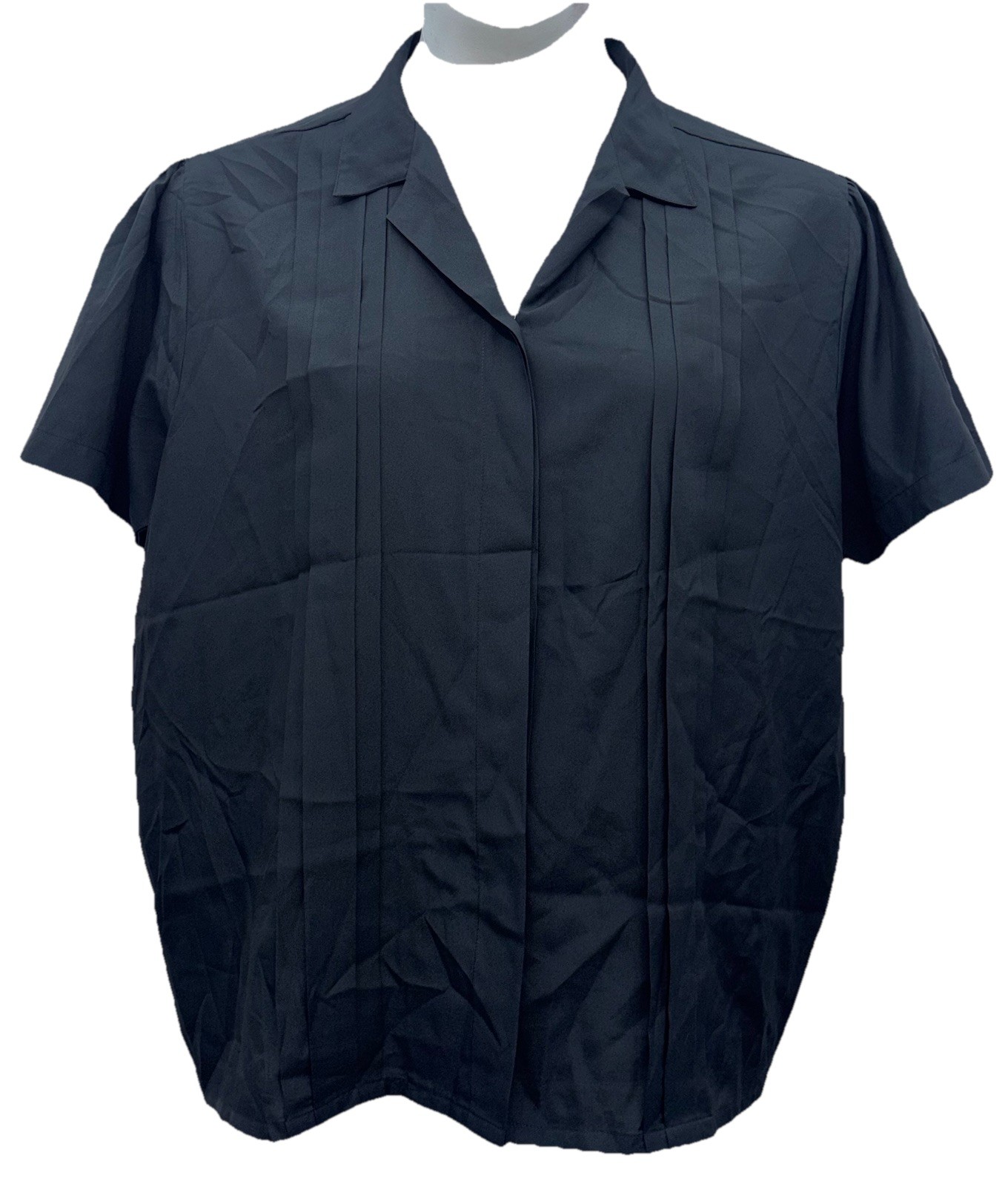 Vintage Cachet Women Size XL Button Up Short Sleeve Collared V-Neck Blouse Black