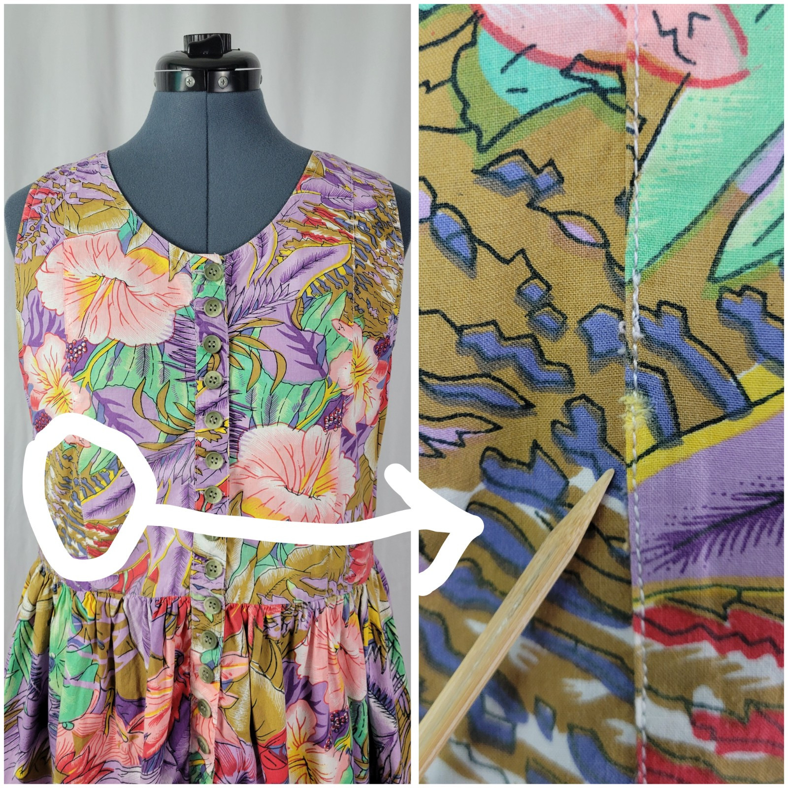 Vintage Erika Pink/Purp/Green/Tan Tropical Floral Print Jumper w Pockets Size L
