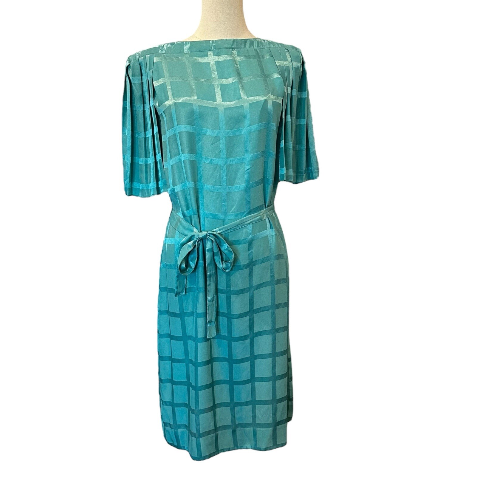 Vintage Teal Blue Windowpane Satin Midi Dress Pleated Flutter Sleeve Belted M