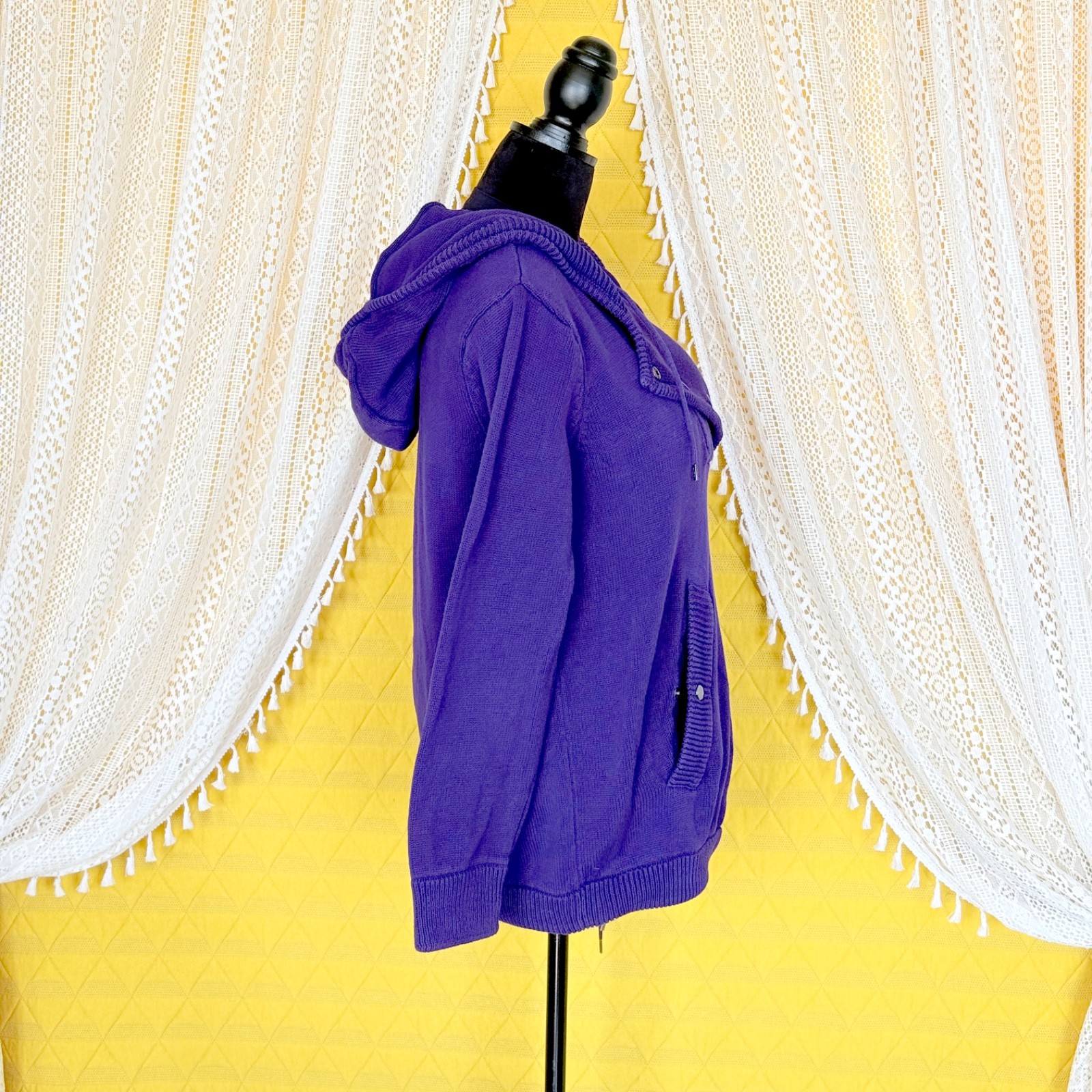 VTG Preppy Old Money LRL Ralph Lauren Hooded Knit Sweater Purple 100% Cotton XL
