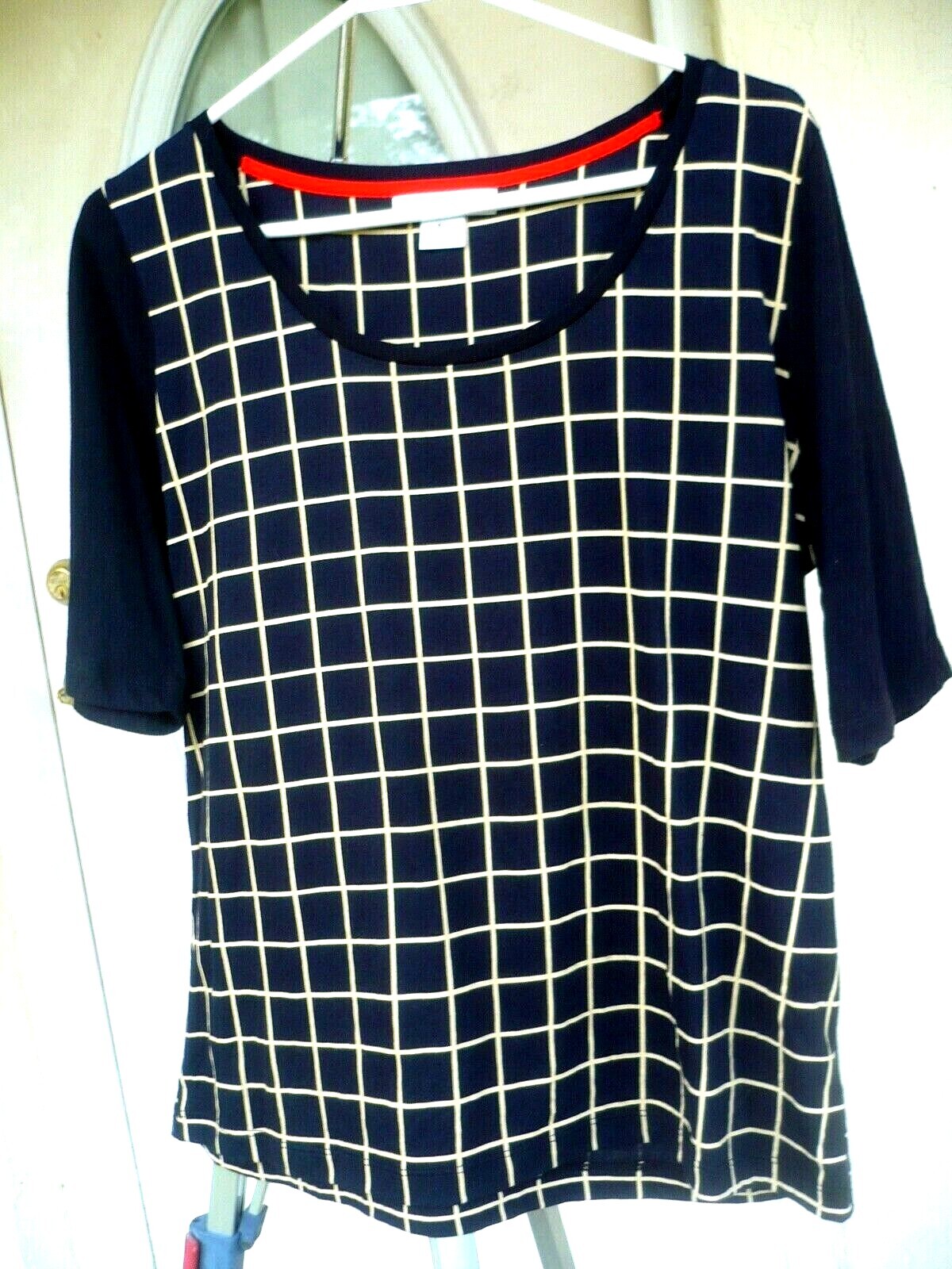 VTG LIZ CLAIBORNE MODAL COTTON BLACK BEIGE WINDOWPANE PLAID KNIT TOP P L M WOMEN