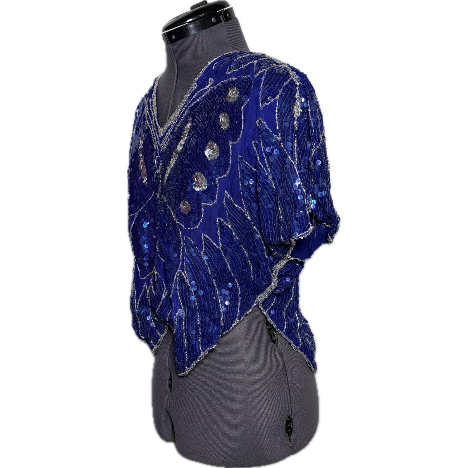 Vtg 70s Blue Butterfly Sequin Beaded Silk Top Disco Party Blouse B40 W30 S DMG