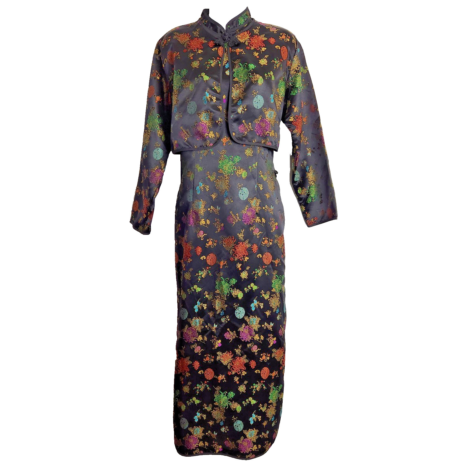 Vintage Chinese Brocade Cheongsam Qipao 2 Pc Dress & Jacket Black Floral No Tag