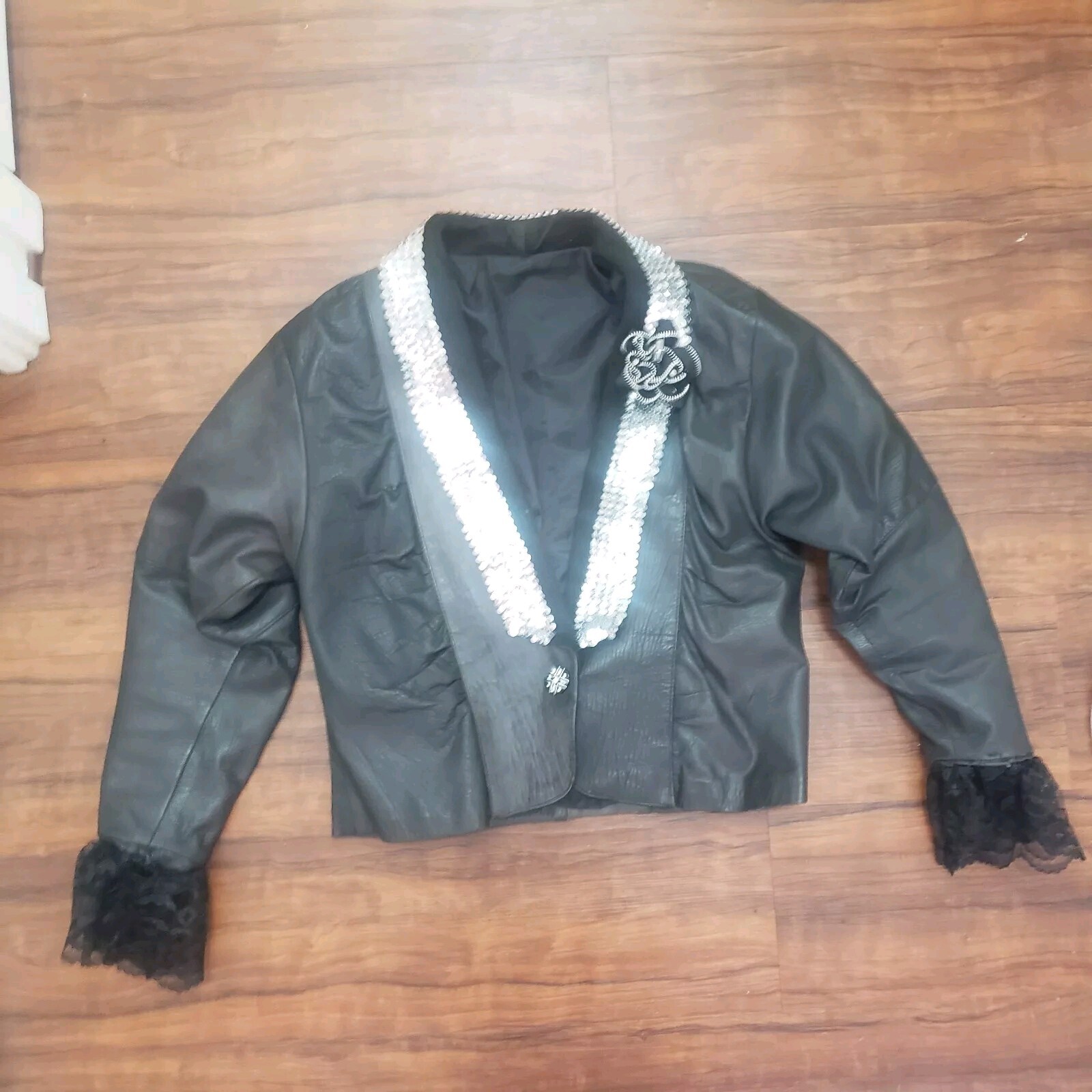 Vtg 80s Sz L black Leather Jacket sequins collar puff sleeves Glam Mobwife