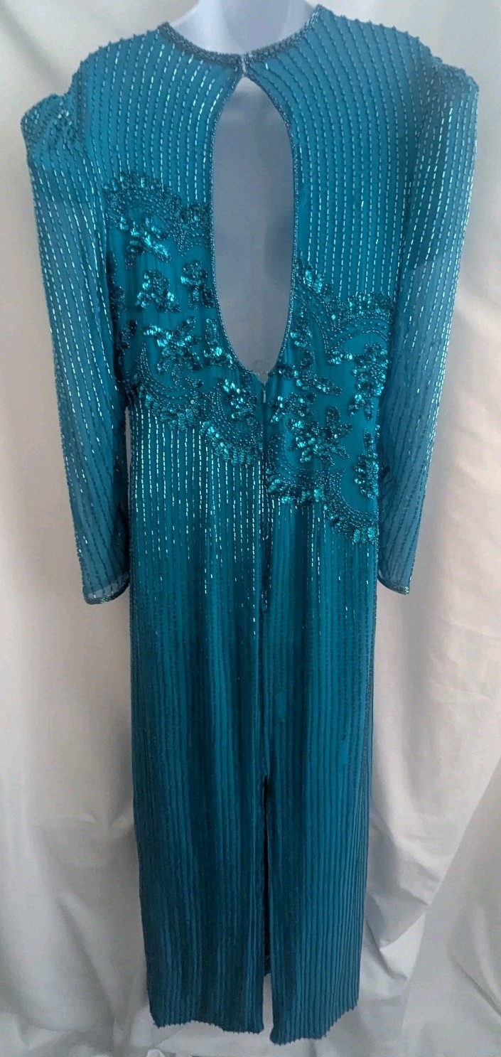 JASDEE New York Vintage Dress Hand Work Bead & Sequins Turquoise 100% Silk Sz L