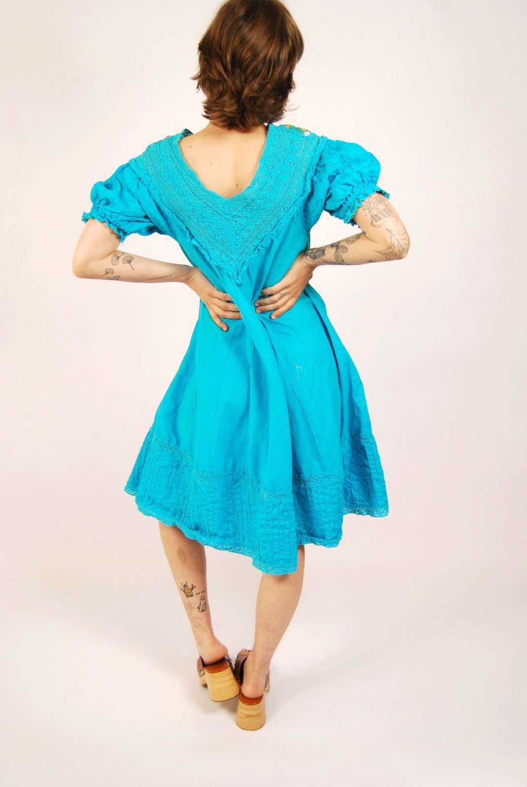 70s Mexican Embroidered Dress (L) large blue vintage shift floral boho sundress