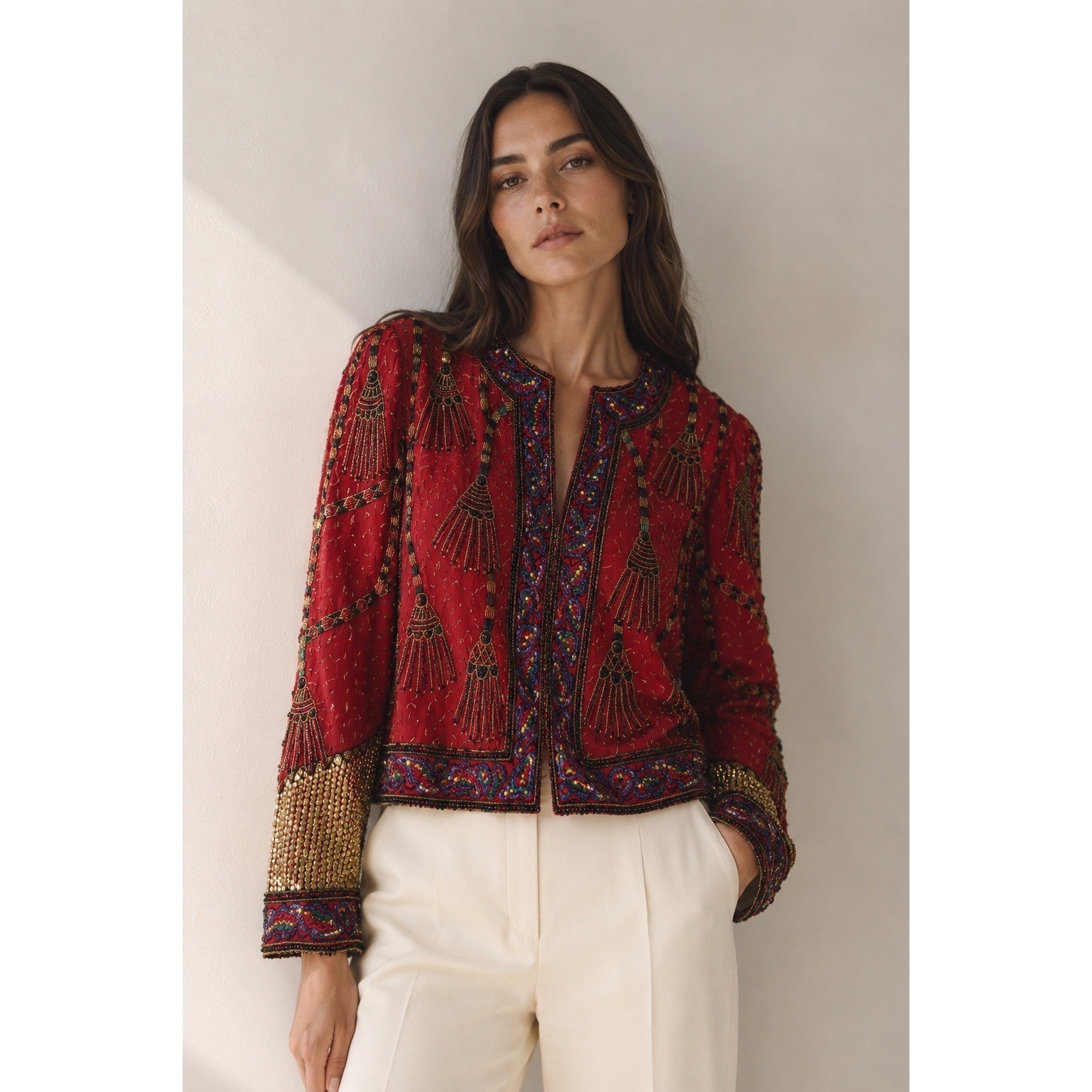 VINTAGE 80s Laurence Kazar Beaded Jacket Women M 100% Silk Sequin MAXIMALIST