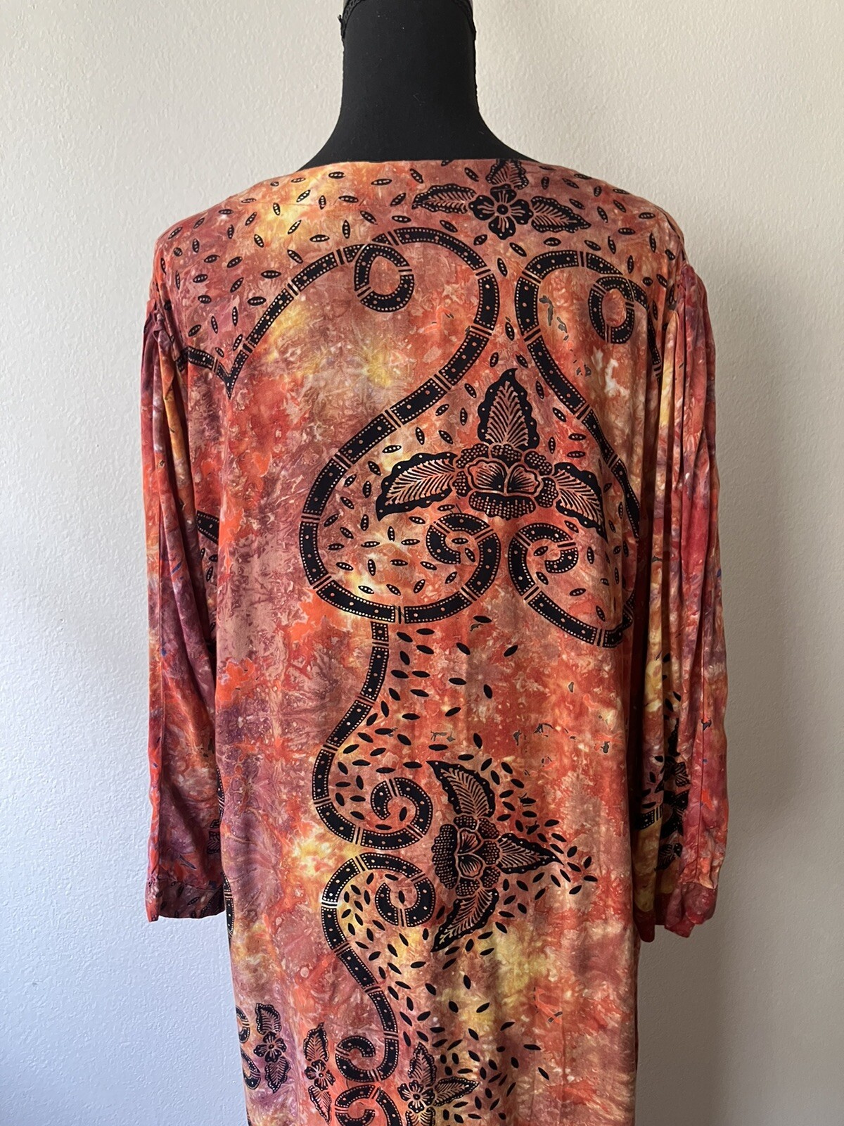 Vintage 70s Lady Cactus Batik Print Tie Dye Caftan/Maxi Dress Boho Festival L/XL