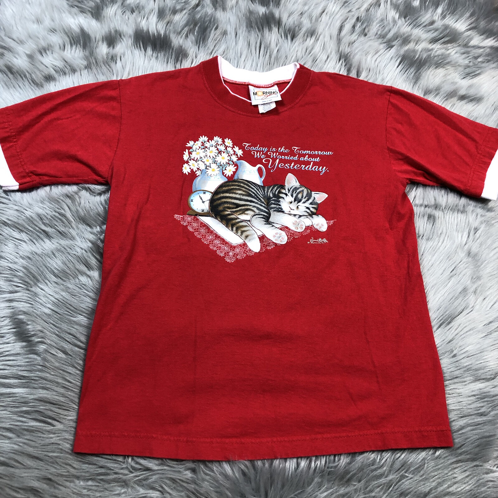 Vintage Morning Sun Women’s Red White Kitty Cat T Shirt