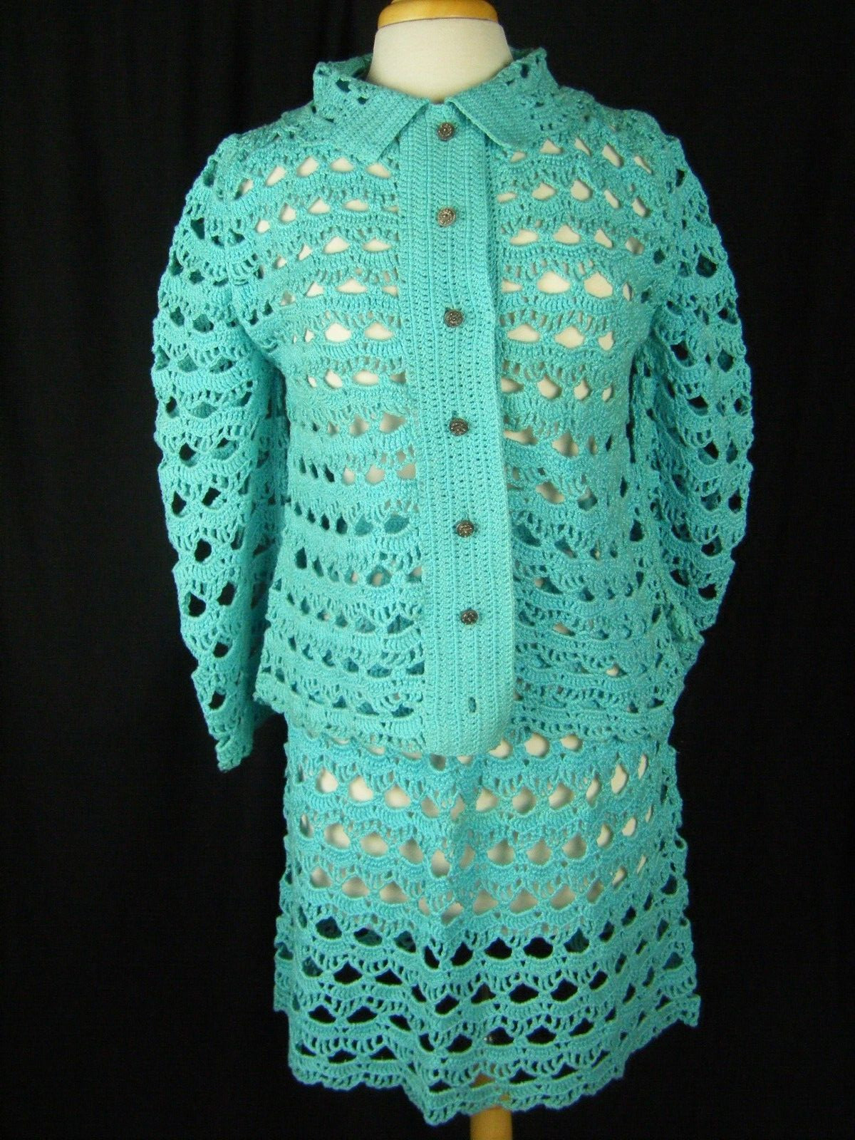 Vtg 60-70s Handmade Blue Crochet Eyelet Cardigan & Skirt-Bust 38/Waist 23-28