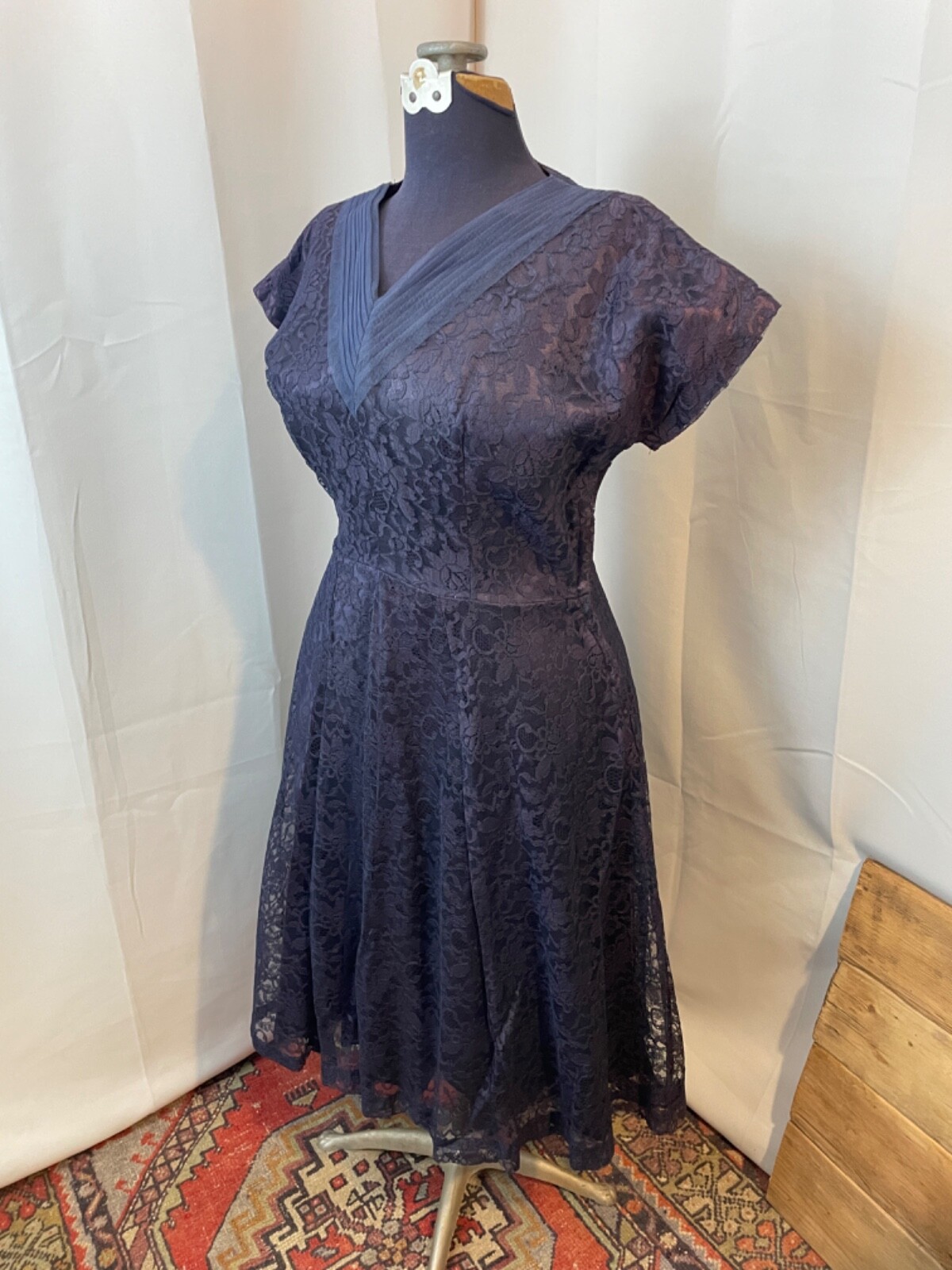 1950s Vintage Party Dress Navy Blue Lace Tulle Satin Rockabilly Pinup Girl M L