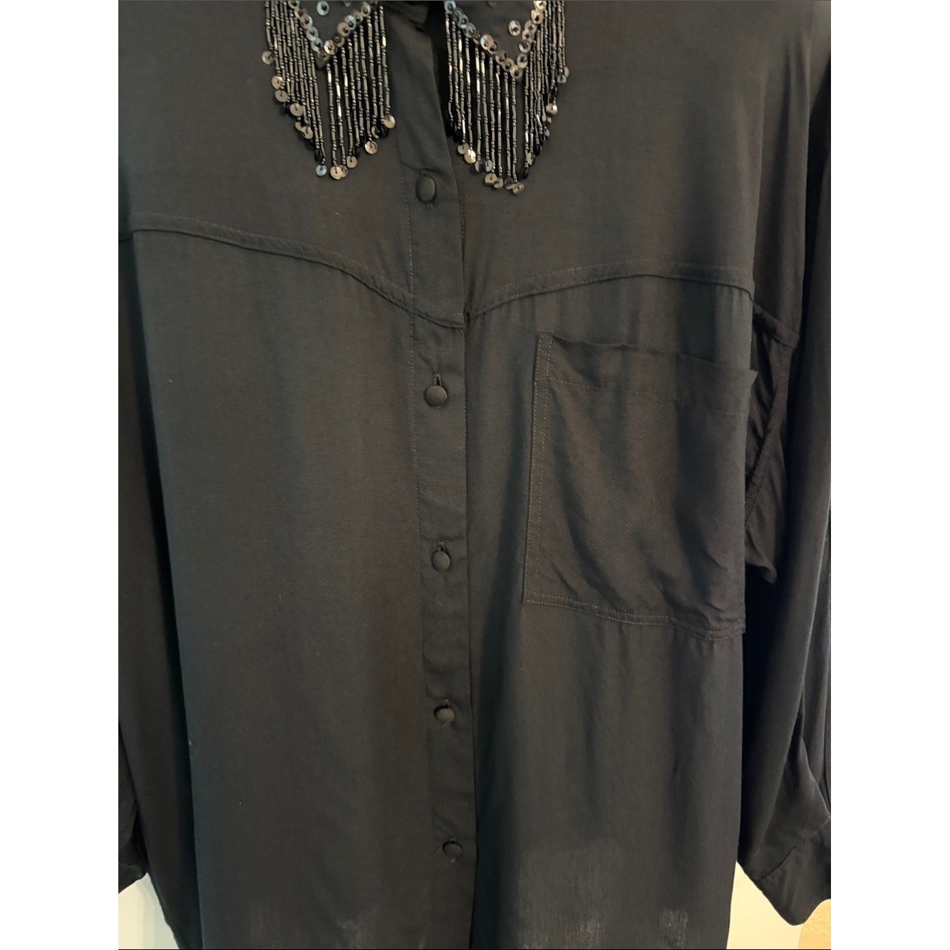 VINTAGE Patricia Hermann NYC Black Button-Down Shirt with Beaded Fringe Collar