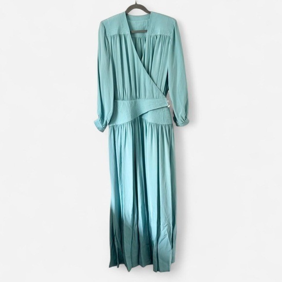 Vintage 70s Cornflower Blue Drop Waist Dress Long Sleeve Pearl Wrap Pleat Maxi
