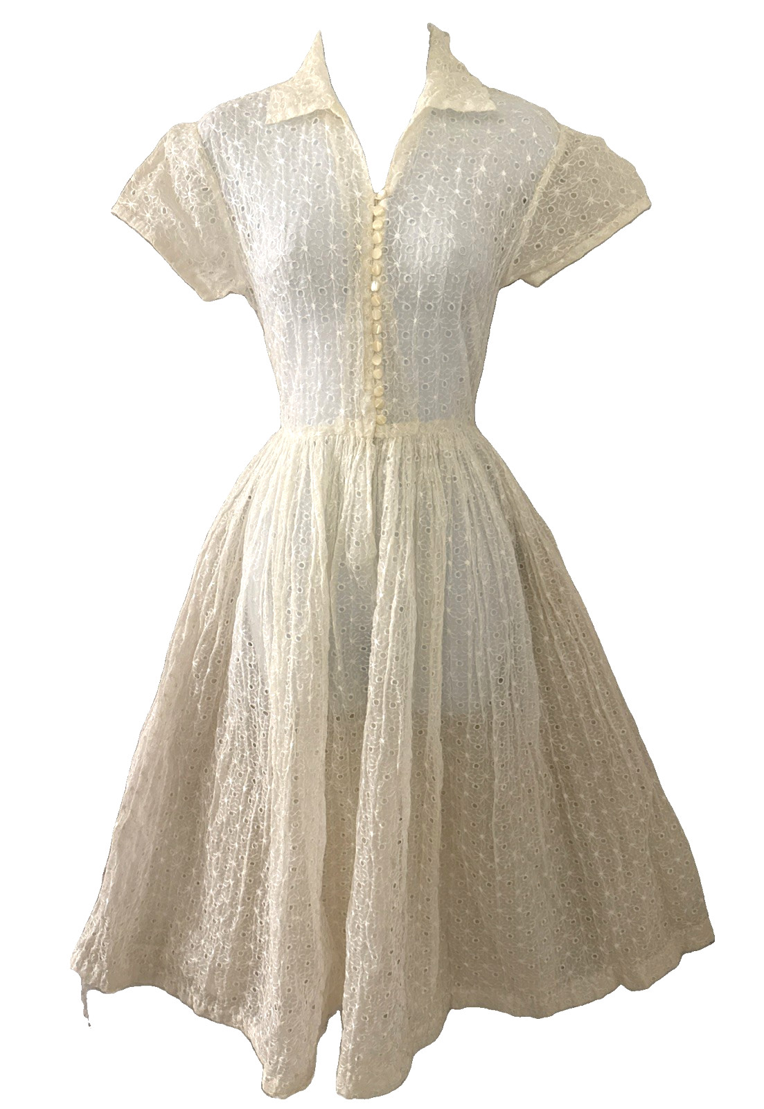 vintage 50s 1950s sheer overlay shirt dress eyelet button up peter pan collar