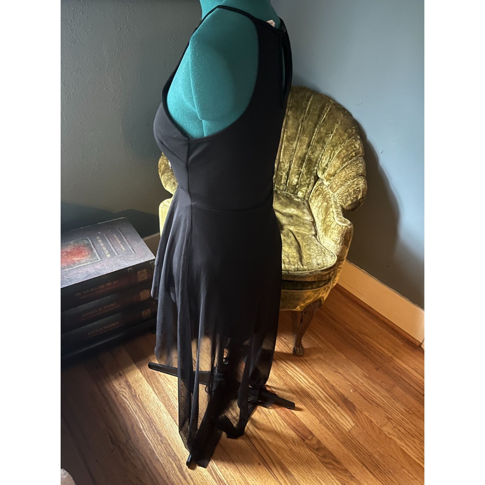 Vintage 90s Black Strappy Mini Dress with Asymmetrical Chiffon Overlay + Sequin