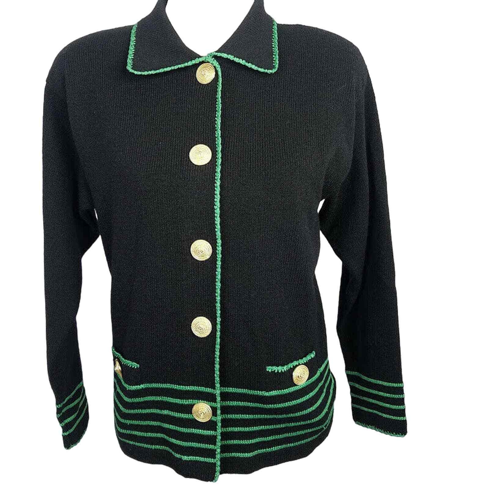 Helen Hsu Cardigan Sweater Santana Knit Black Green XS Vintage 90s Gold Buttons