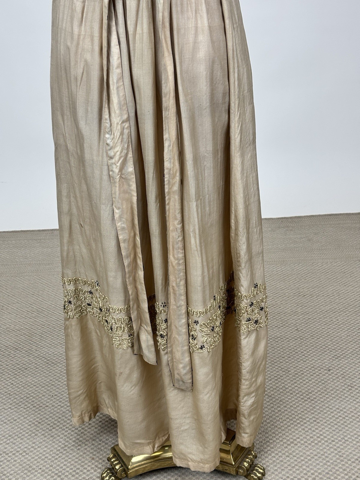 Antique Edwardian 1910s Beige Silk Day Dress Cording Blue Beads Wrap Bodice