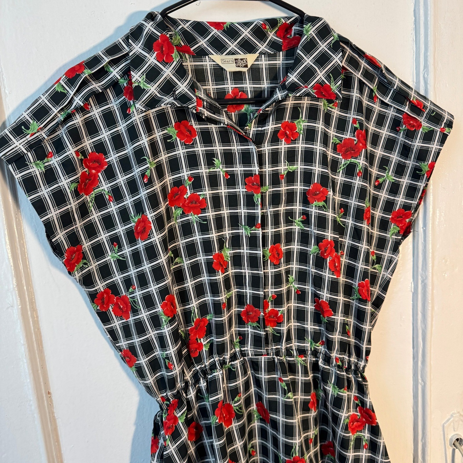 Vtg 1970s Sears The Fashion Place Plaid Poppy Floral Midi Black Red Maximalist