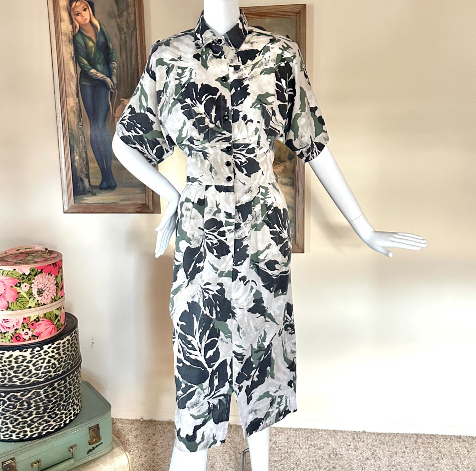 Vintage 1980s New Wave Camo Print Shirtwaist Uniform Military Day Dress M
