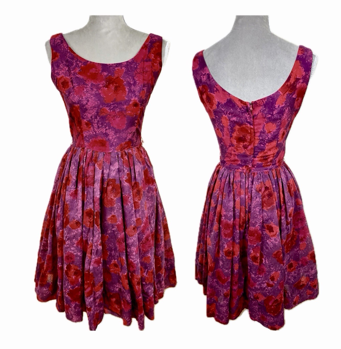 Vintage 1950s Red Pink Floral Fit & Flare Cocktail Dress S Retro Pinup Romanric