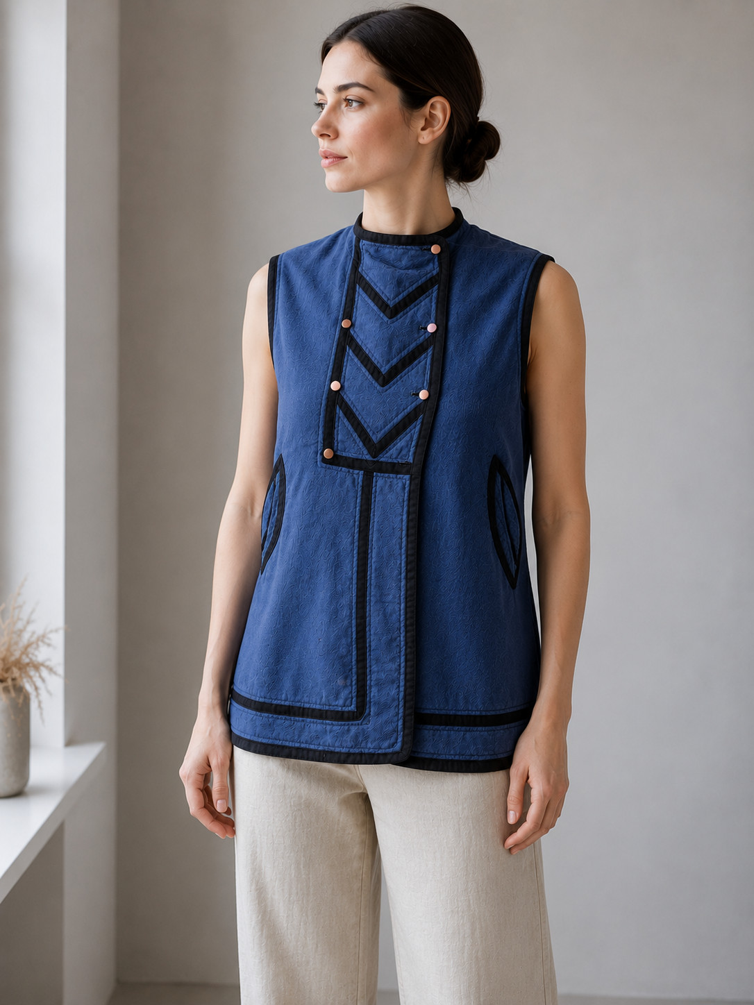 Antique Ukrainian Blue Vest Handmade Folk Traditional Sleeveless Jacket