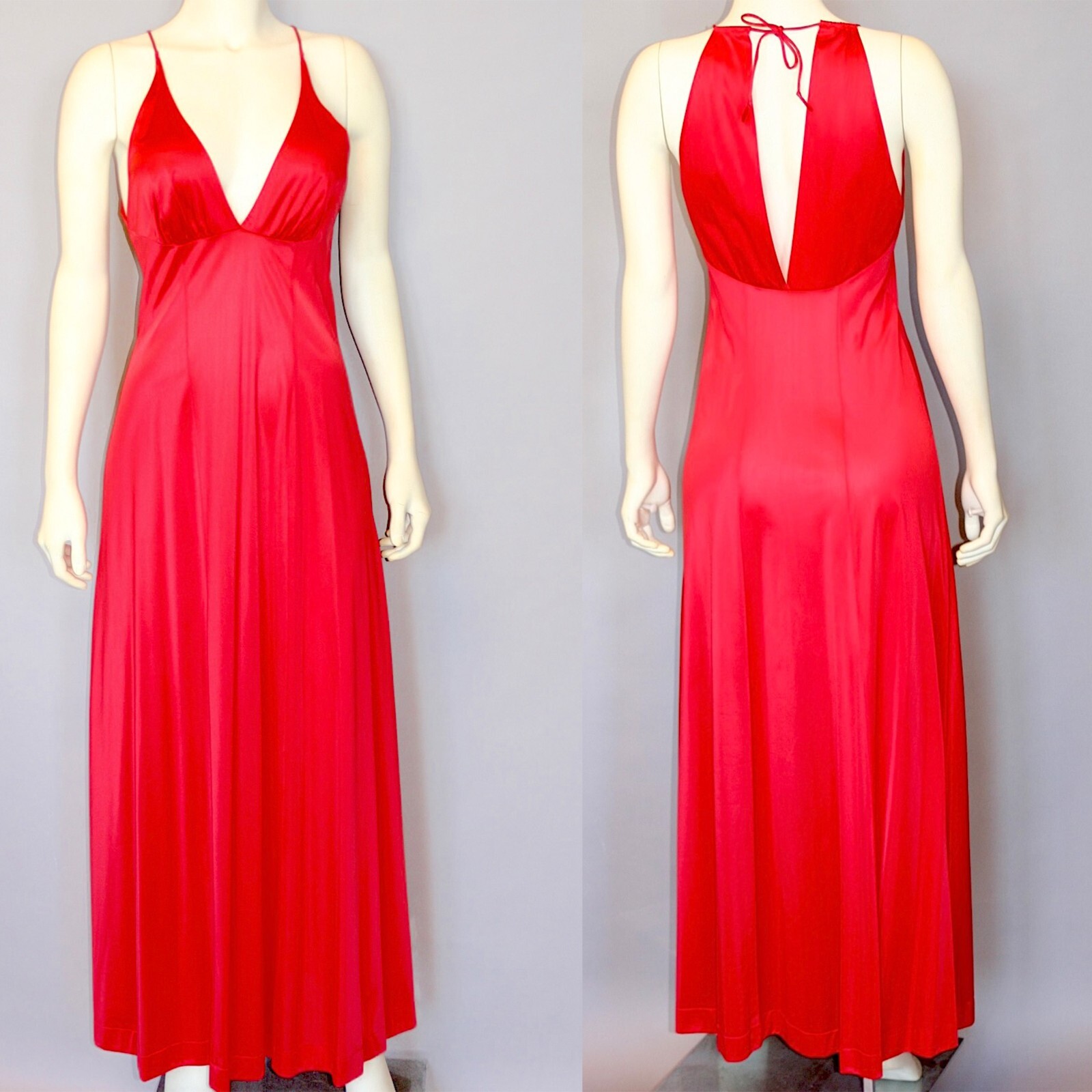 Vintage VANITY FAIR 60s Sexy Plunge Red Long Maxi Slip Dress Night gown 32/S
