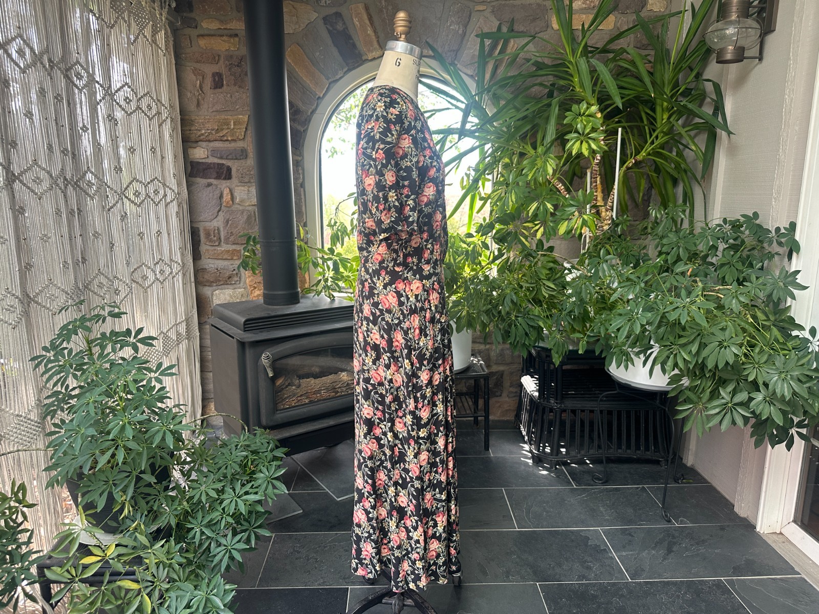 Vintage 1980s Black Pink Green Floral Rayon Dress