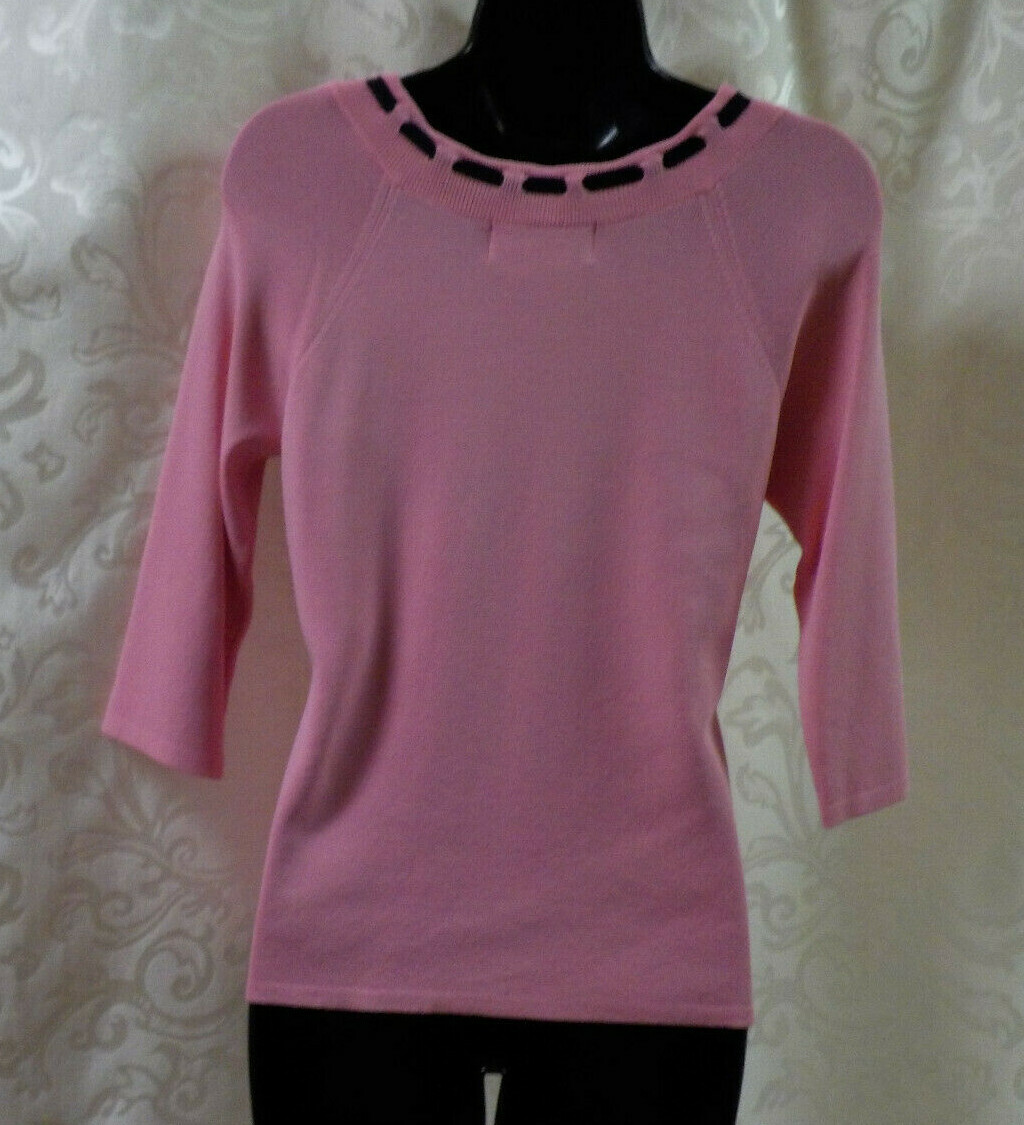 Vintage Joseph A. 1990’s Top Size M Pink Black Ribbon Trim 3/4 Sleeve Viscose Bl