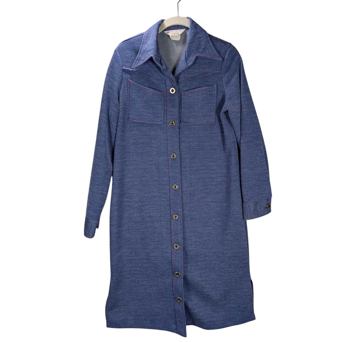 Vintage JCPenney Shirt Dress 14 Blue Knee Length Side Slits Chest Pockets 1970s