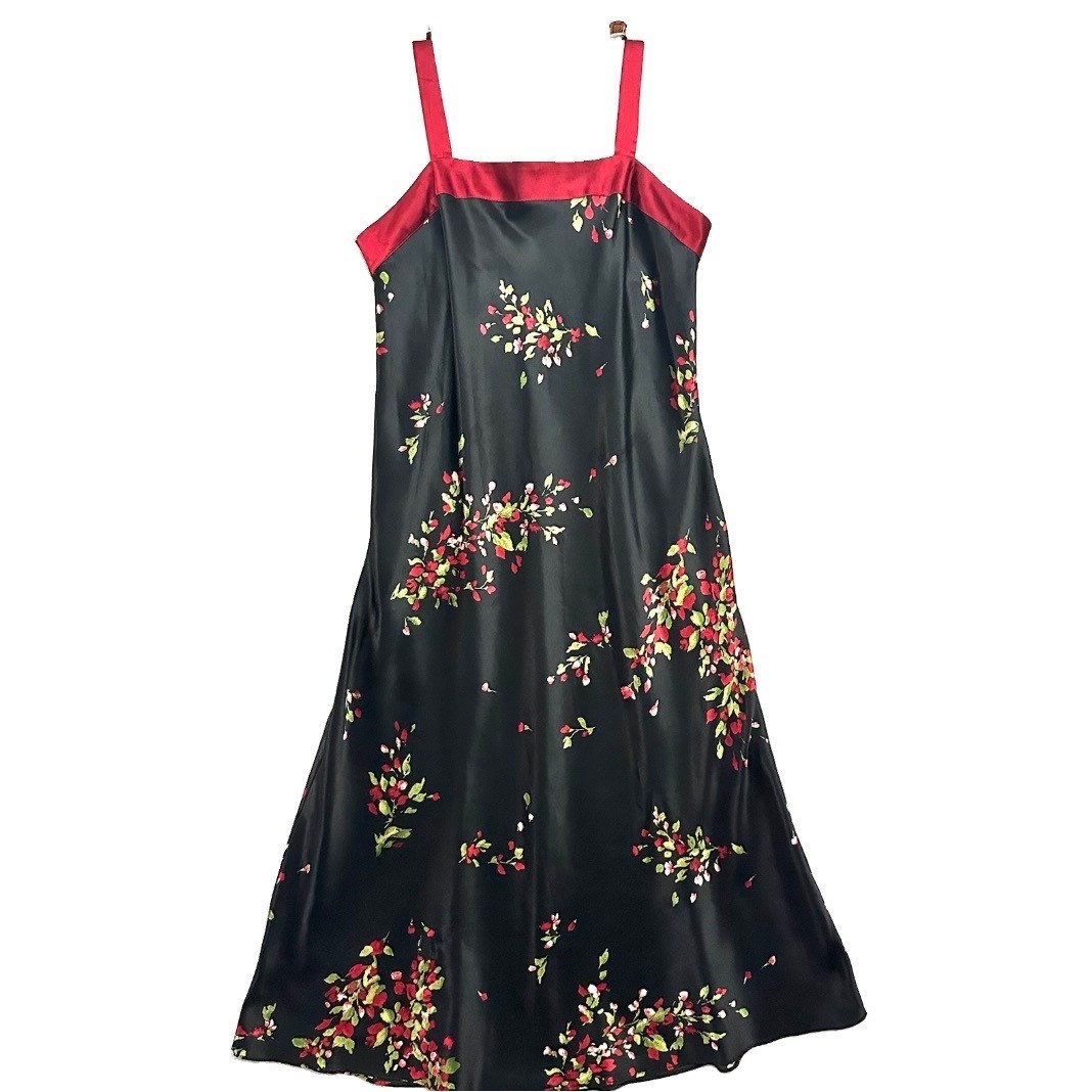 Jones New York L Large Floral Satin Slip Dress Square Neck Vintage 90s Romantic