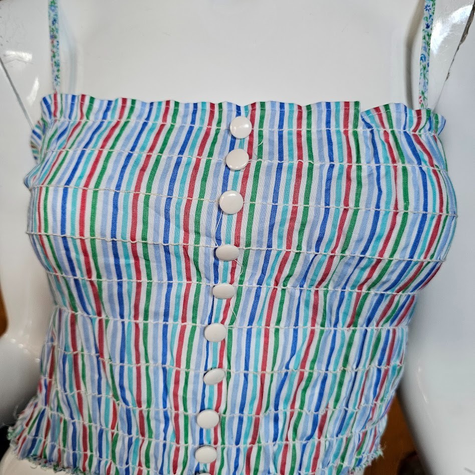 Vtg 70s Pride Rainbow Stripe Smocked Crop Baby Tee Tube Top Festival Shirt M