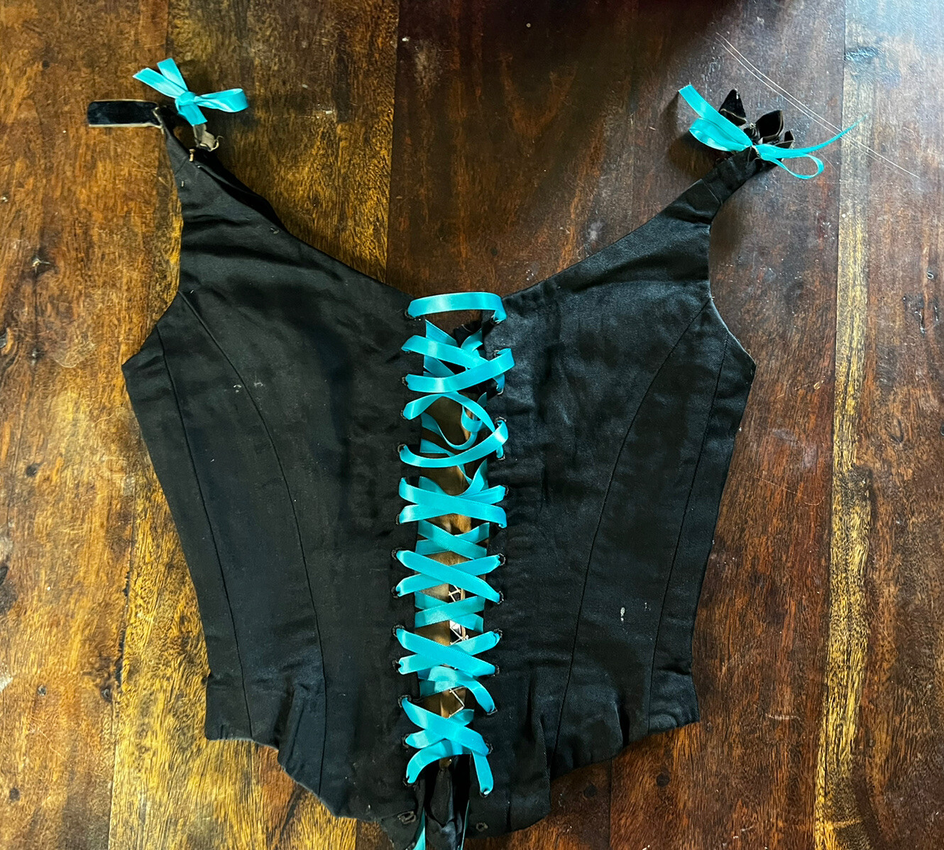 Antique 1930s Black Silk Corset Lace Up Boning Top VTG Bustier Steampunk Gothic