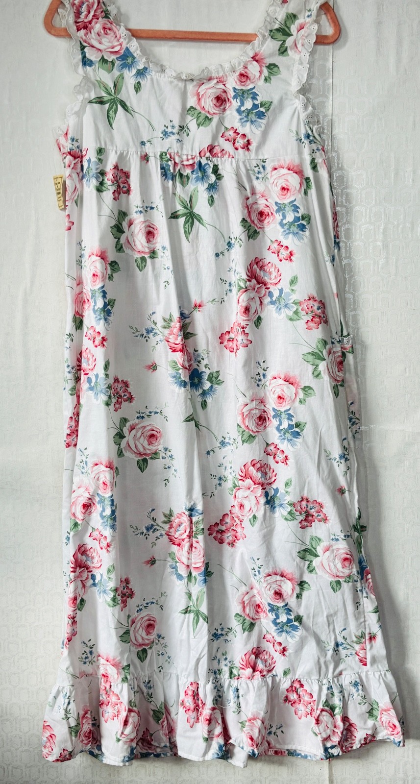NOS VTG FRENCH COUNTRY COTTAGECORE PINK&WHITE ROMANTIC ROSE COTTON NIGHTGOWN*S/M