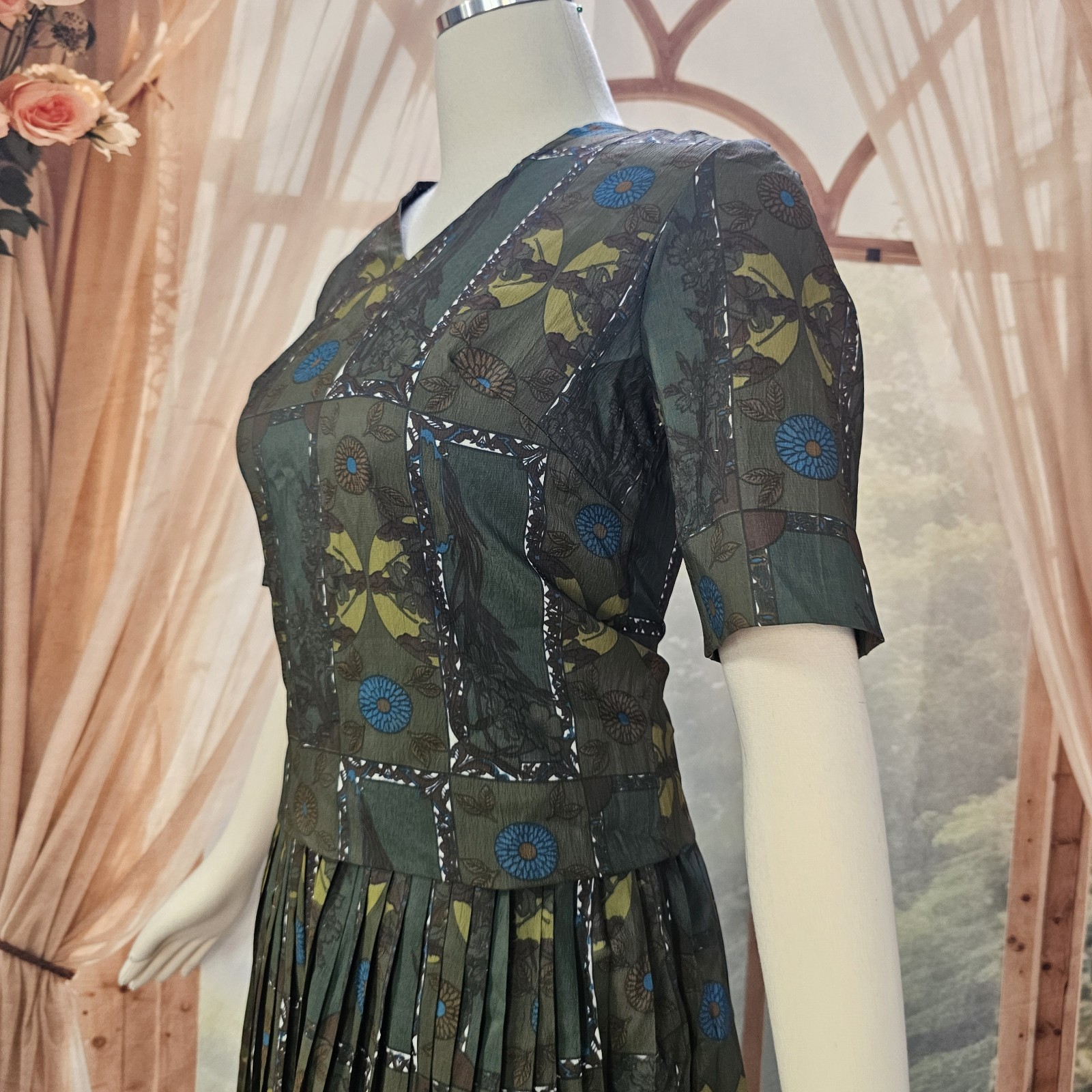 Vintage 1960’s Blouse Skirt Set Back Button Closures Pleated Skirt Olive Blue