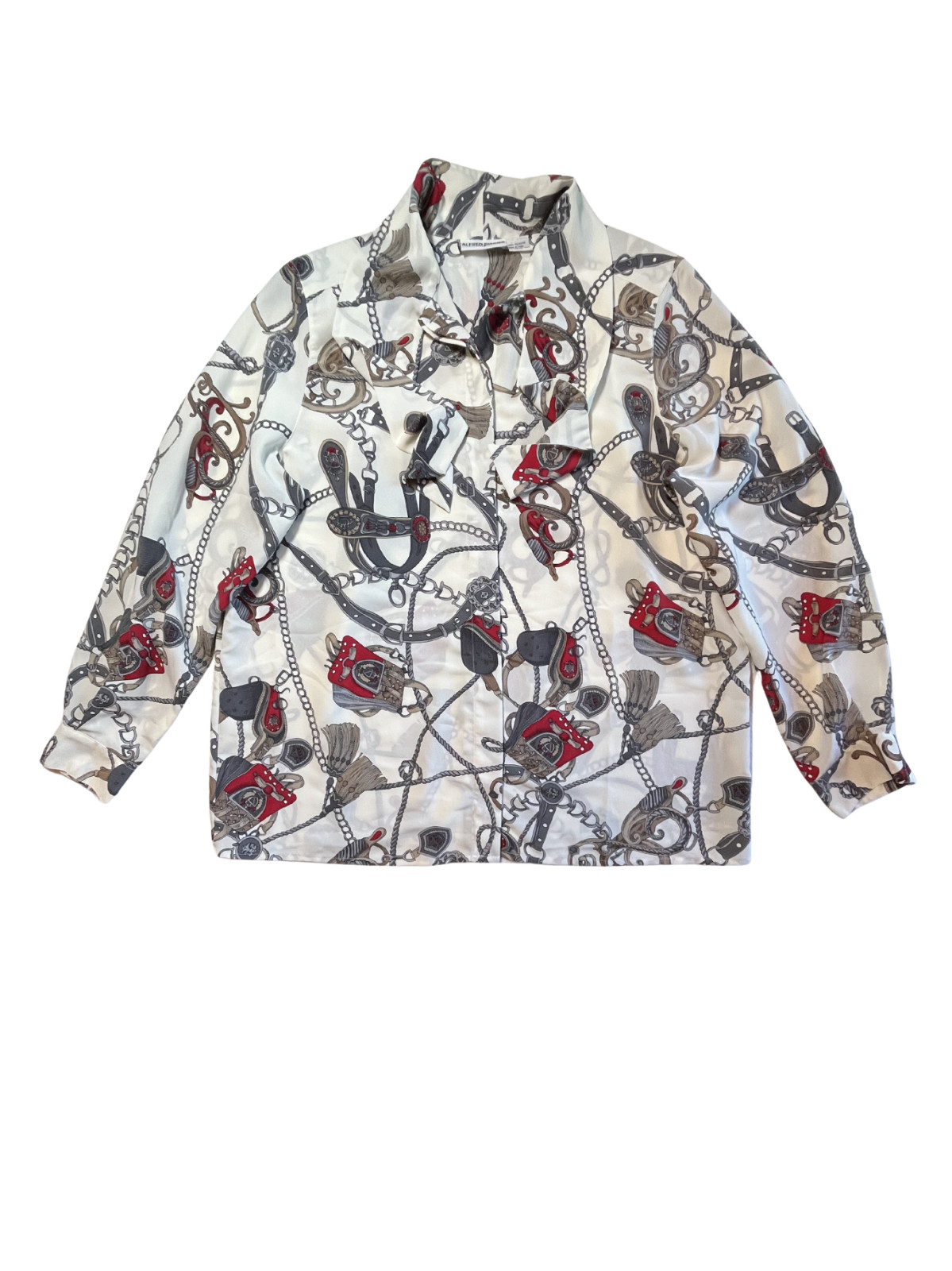 Vintage 90s Equestrian Chain Tie Neck Blouse 16 Button Up Mob Wife Granny Core