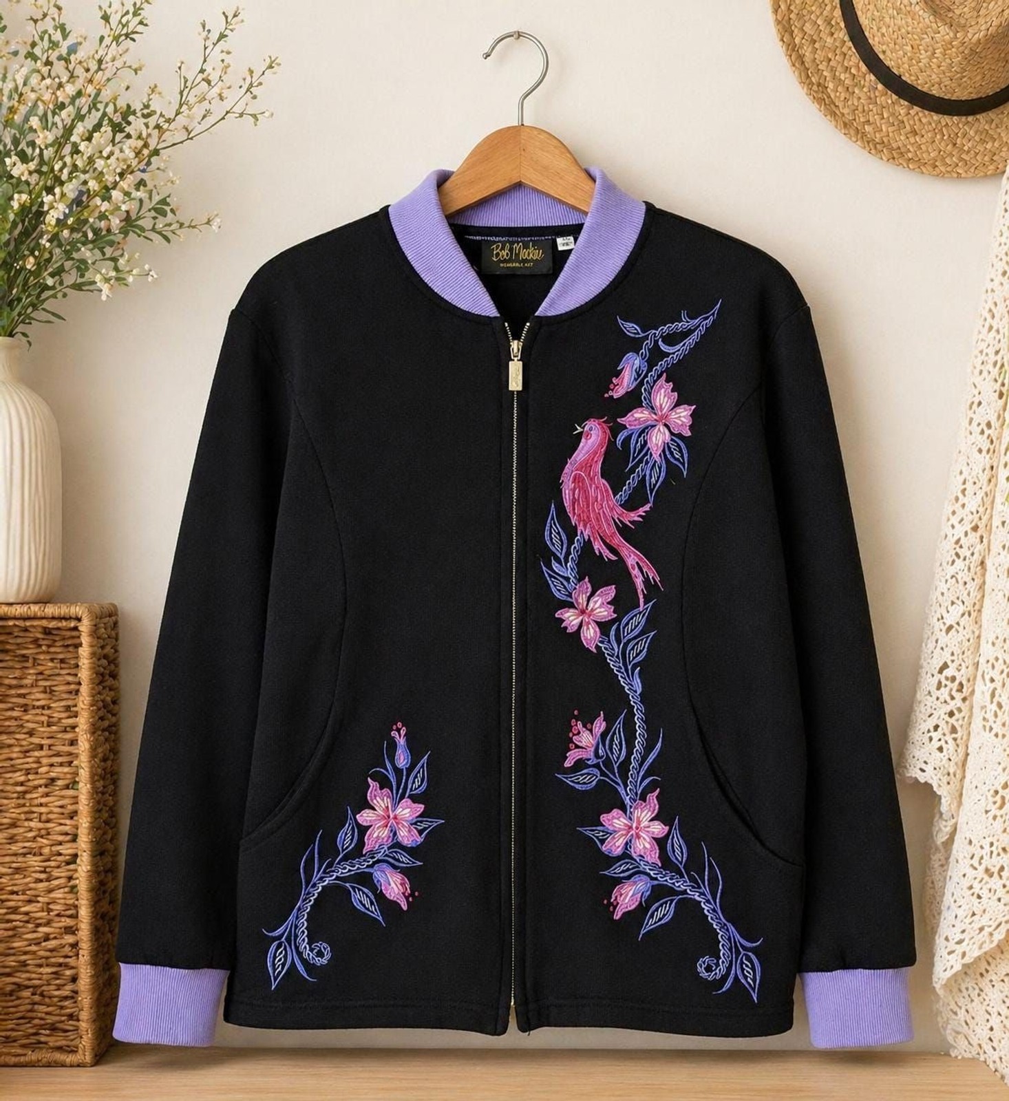 Vintage Bob Mackie Wearable Art Embroidered Bird Jacket Medium Black Maximalist