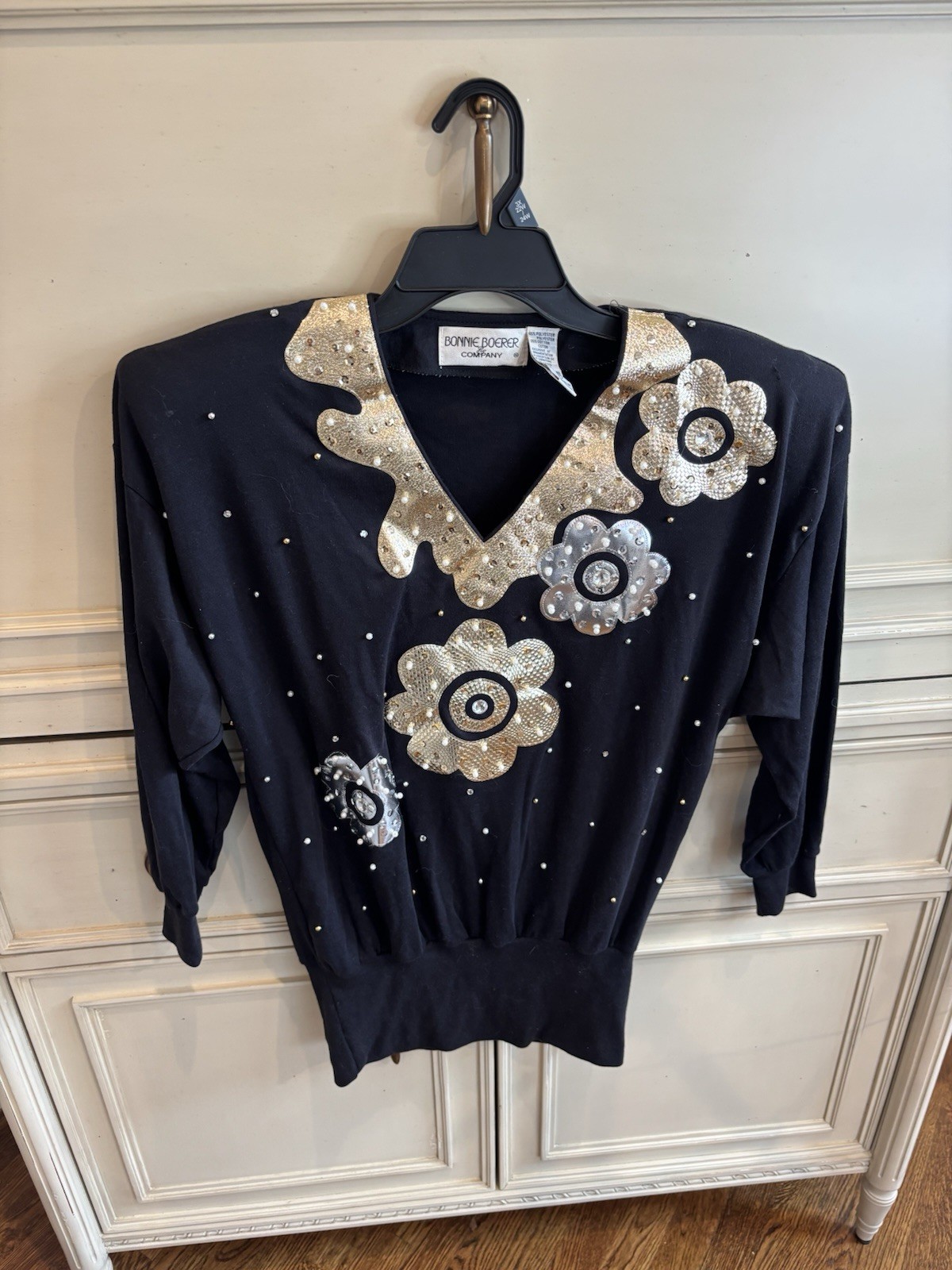 Bonnie Boerer Vintage 1990s Shoulder Pads Metallic Beaded Black Blouse Small Cot