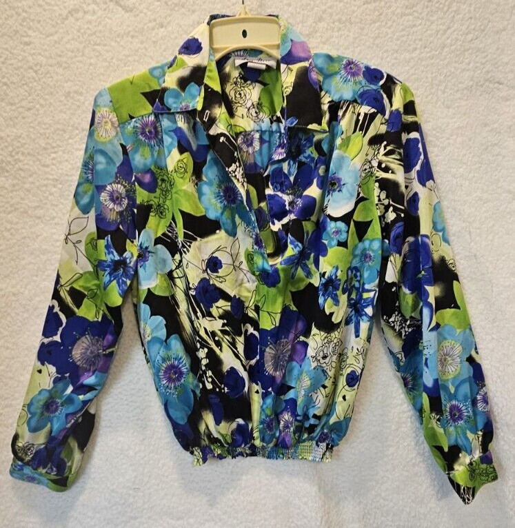 Vintage Da-Rue of California Blouse Petite Size 12 Elastic Waist 80s multi color