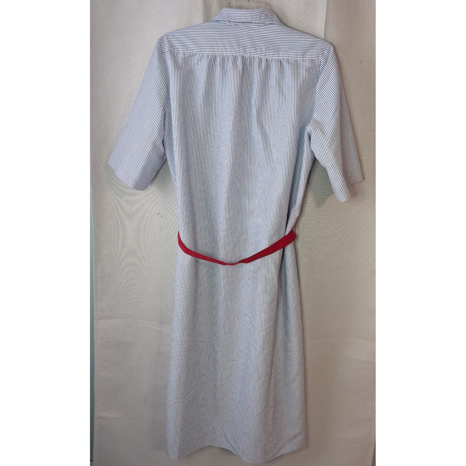 Serbin Shirt Dress Womens 16 Blue White Striped Good Vintage Belted Midi USA