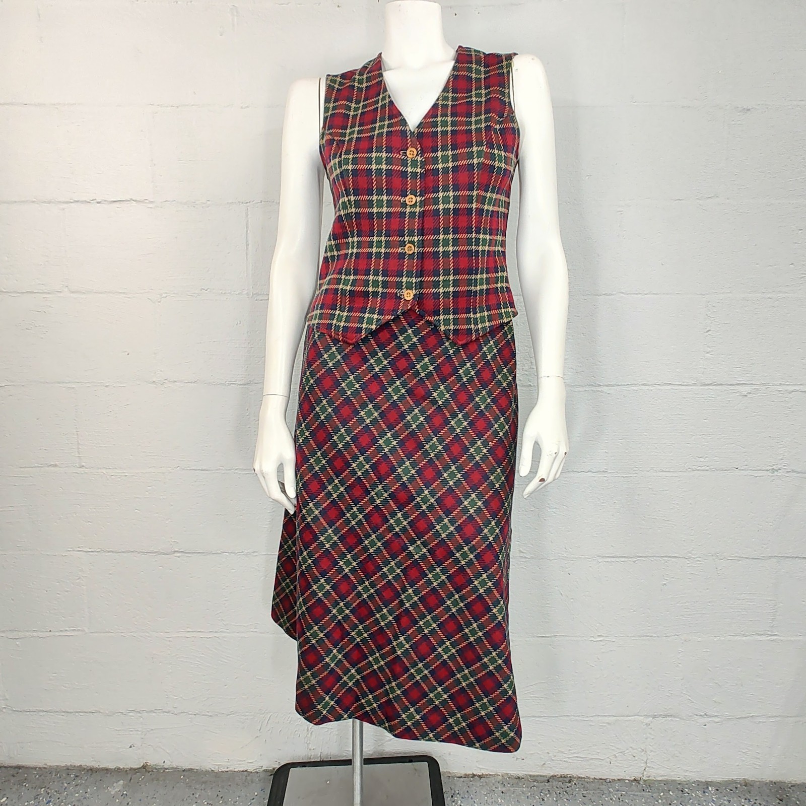 Act III Vintage Red Plaid Skirt & Vest Set Wool Blend M (Marked 14)