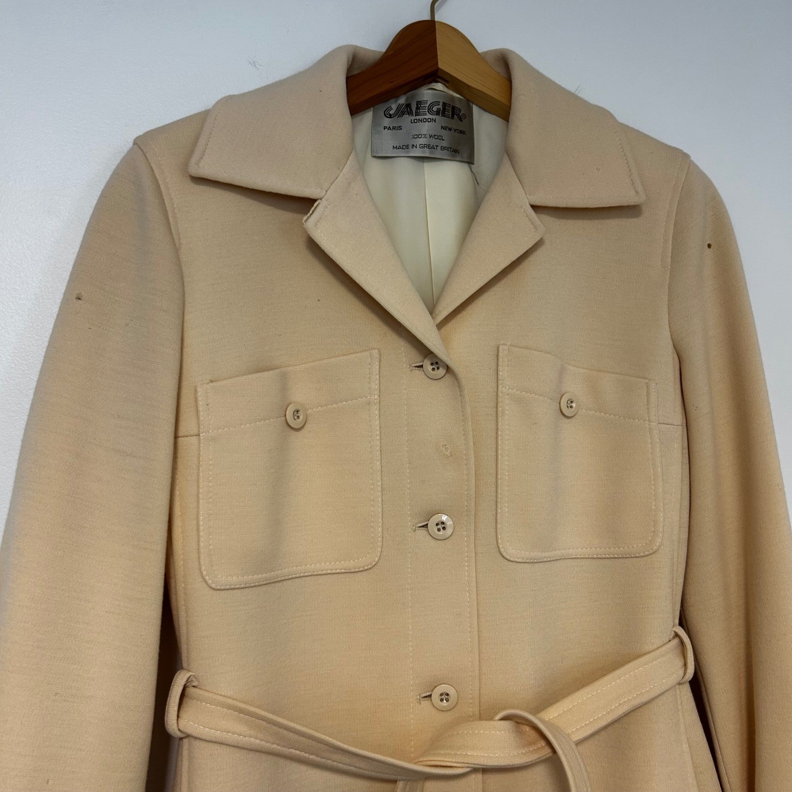 Jaeger London Vintage 100% Wool Trench Coat Cream Made in Great Britain Size 12