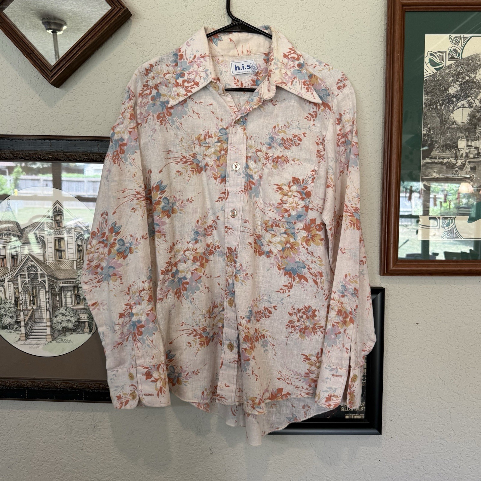 Vintage 60s/70s RARE H.i.s. Mens Floral Hippie Disco Button Shirt Size Large