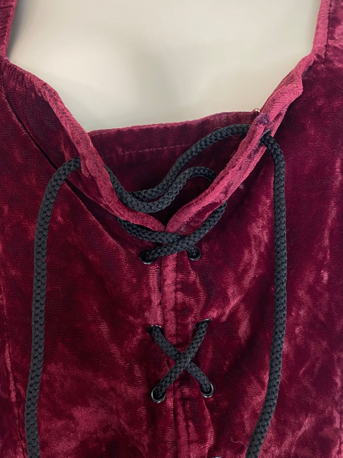 Vintage 1990s MORBID THREADS burgundy crushed velvet vest M black corset tie top