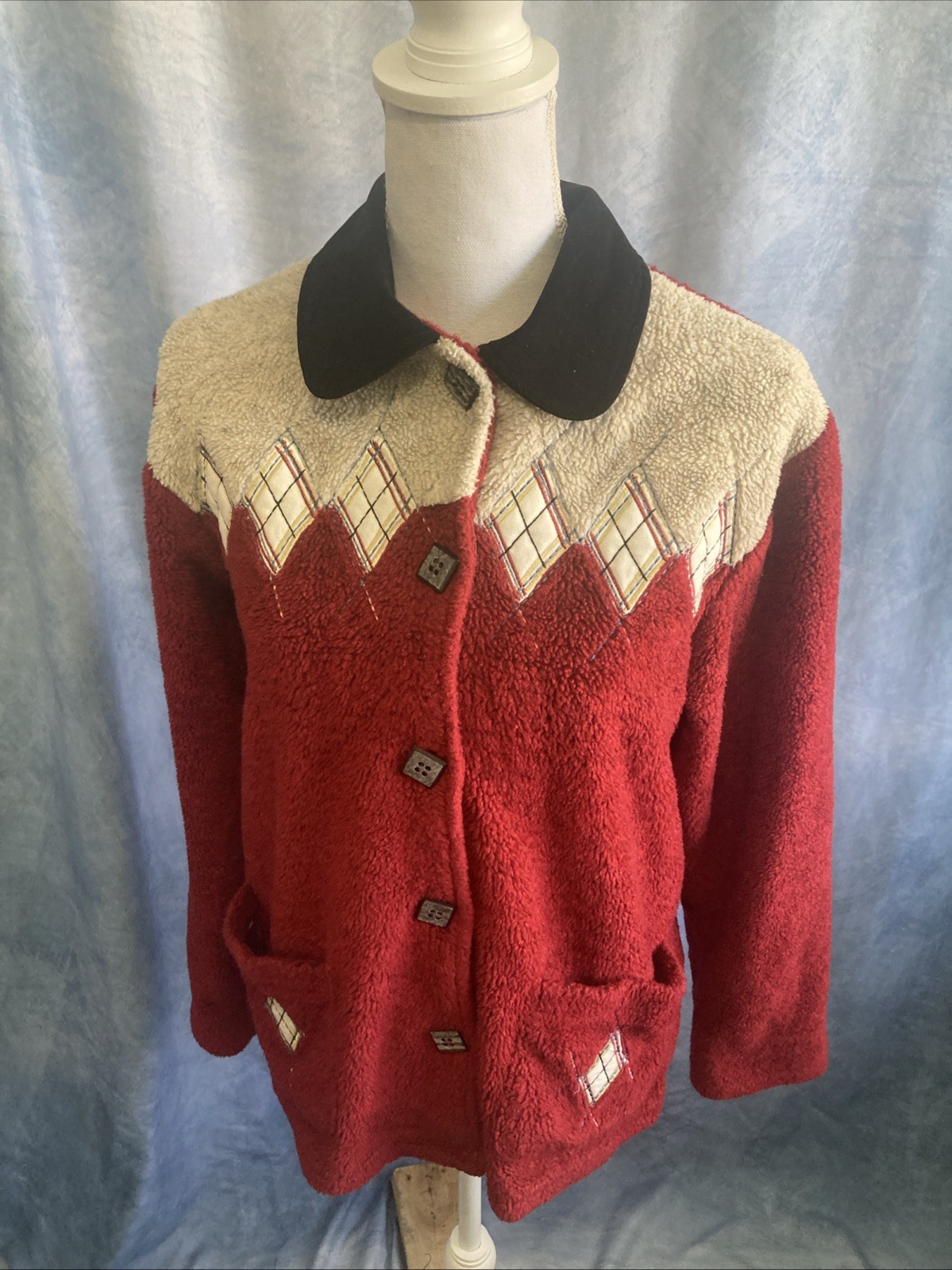 Vtg 1990s Teddi Red Argyle Fleece Jacket Women’s Small Button Up Cardigan GUC