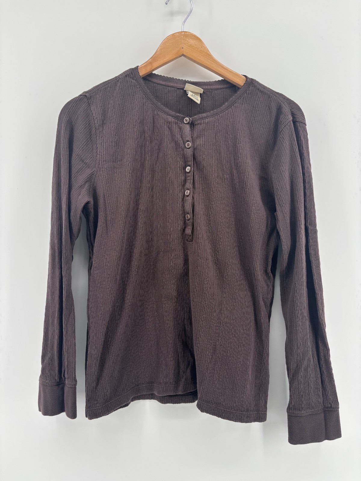 LL Bean T-Shirt Womens Dark Brown Cotton Ribbed Long Sleeve Large Vintage