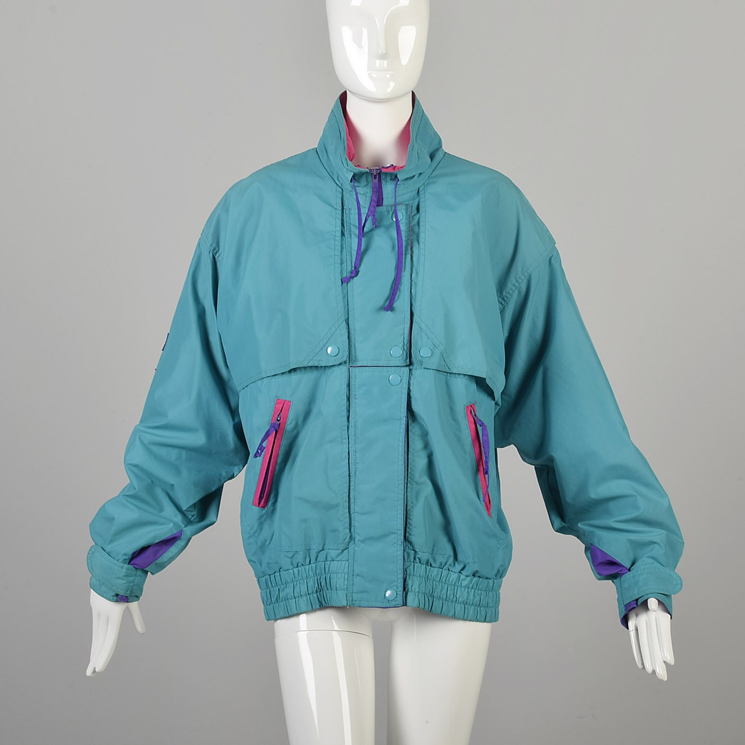 Medium 1980s Teal Windbreaker with Hot Pink and Purple Zippered Snap Closure