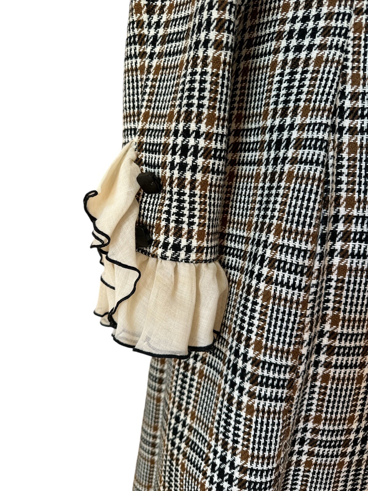 Vtg Mod Saks Fifth Avenue Brown Black Wool Tweed Plaid Dress Mandarin Collar M